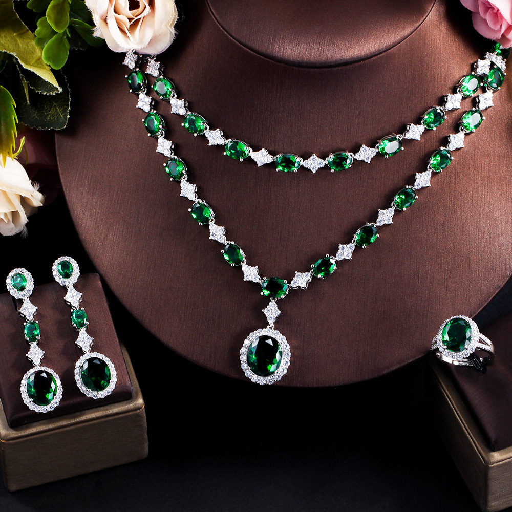 Heavy Industry Design Emerald Gemstone Necklace Earrings Ring Bracelet Set with Precious Zirconia - Bridal Wedding Dress Accessories