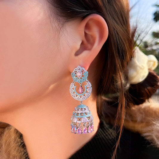 S925 silver needle luxury glittering with full diamonds heavy-weight three-dimensional wind chime long-style ear pendant with micro-set colored zircon bells earrings accessory