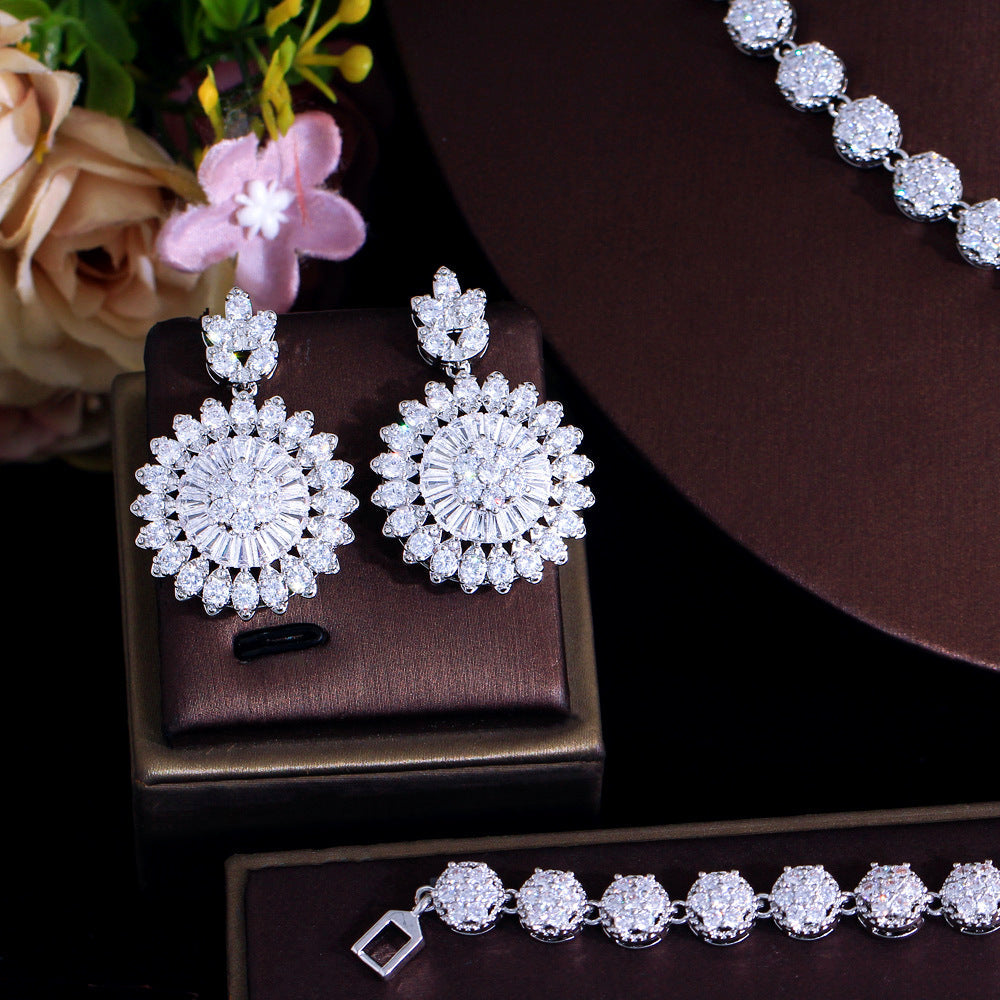 European and American cross-border flower zircon necklace earrings bracelet ring set for bridesmaid outfits wedding dresses accessory chains