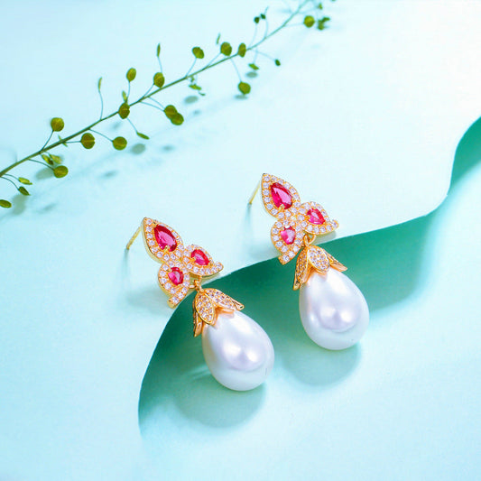 S925 silver needle luxury retro pearl teardrop earrings Chinese trend-themed niche micro-set zircon and pearl earrings accessory