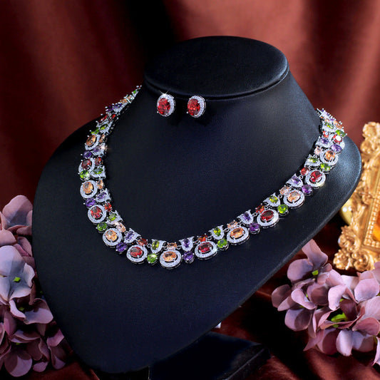 Vintage zirconian wedding dress evening gown necklace earring set classic and versatile royal style long chain set
