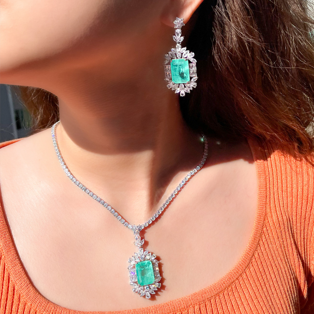 Best-selling sea-blue imitation paraguiaba tourmaline women's necklace pendant earrings set as formal dress accessories