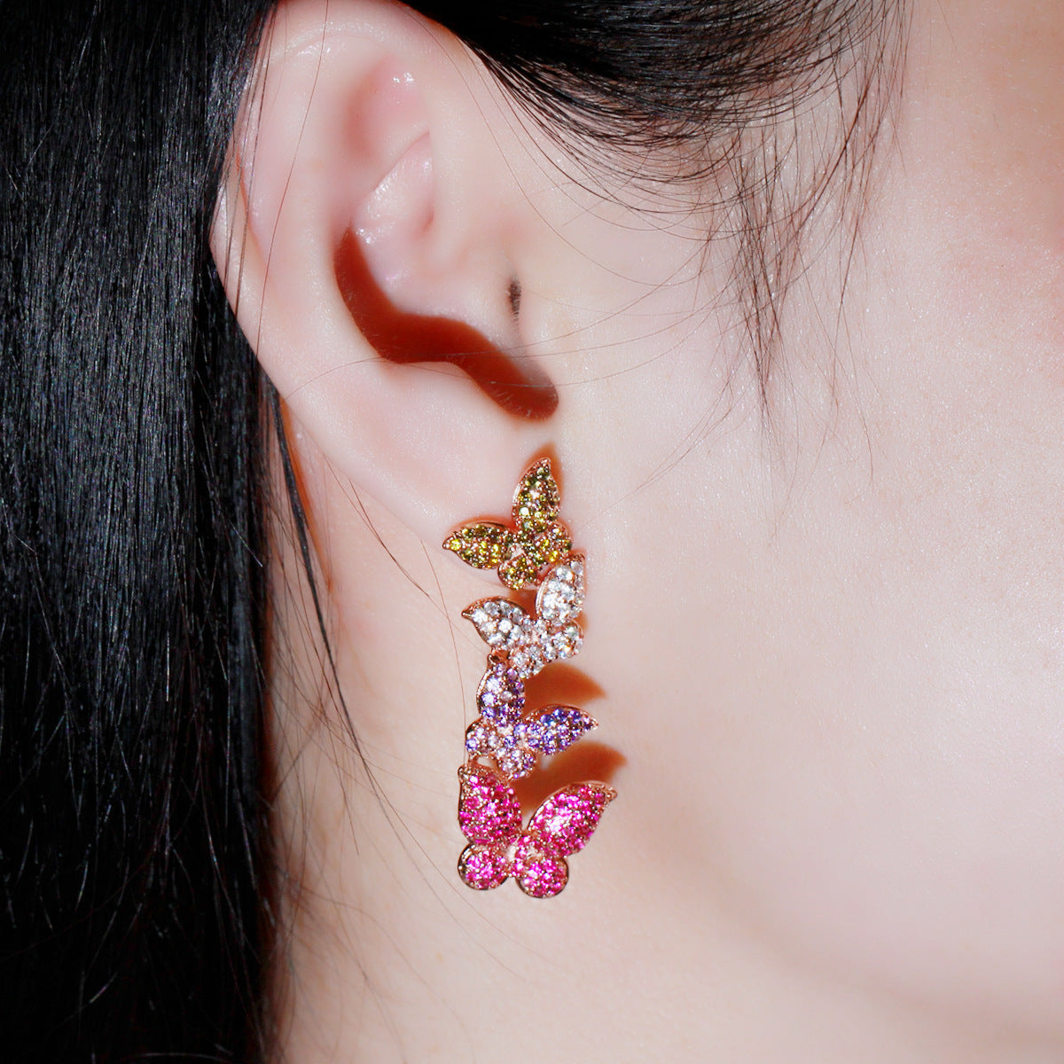 S925 silver needle rose gold butterfly zirconia earrings - Korean version versatile and fashionable ear accessories