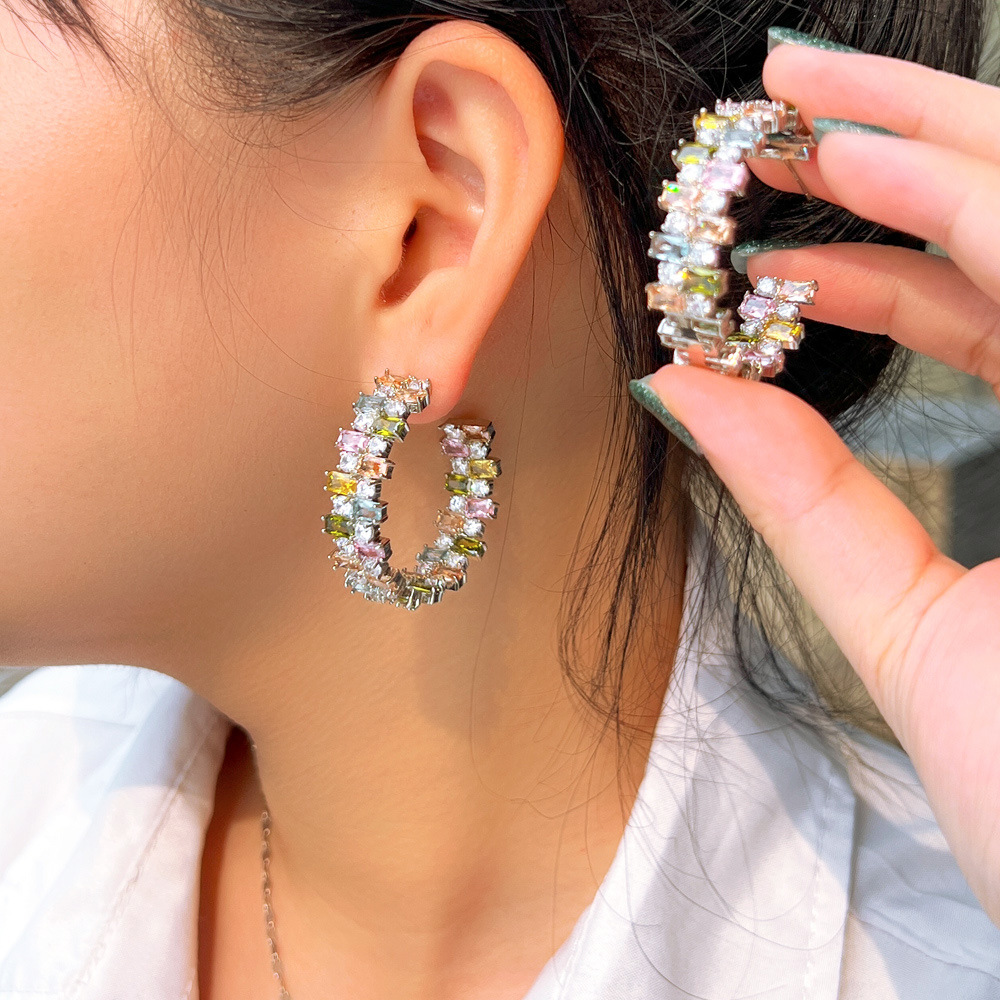 S925 silver needle heavy industry color C-ring earrings elegant candy-shaped square zirconia irregular colored diamonds small earrings that enhance facial appearance