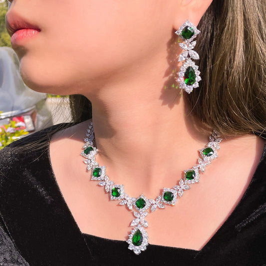 European and American fashion Rilie flower zircon necklace and earrings set emerald gemstone chain wedding dress accessory