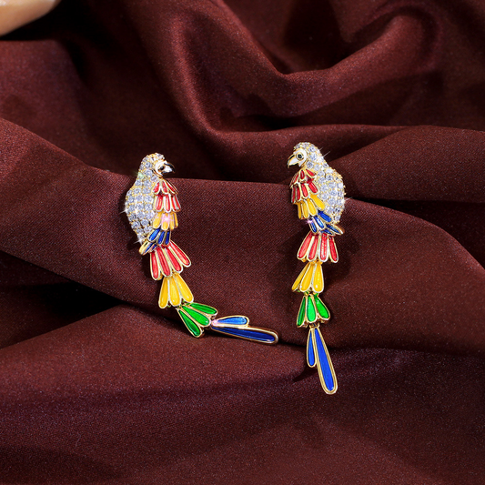 Vintage antique jewelry - Retro light luxury court style colorful parrot-shaped earrings with drooping drops and long bird-shaped ear pendants