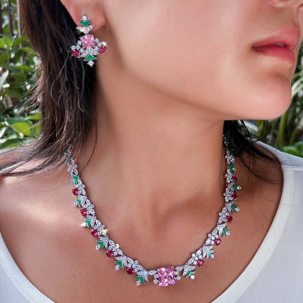 Feminine French vintage polychrome zircon jewelry necklace set - perfect for wedding and banquet occasions featuring an elegant necklace earrings and a chain