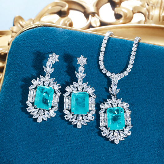 Best-selling sea-blue imitation paraguiaba tourmaline women's necklace pendant earrings set as formal dress accessories