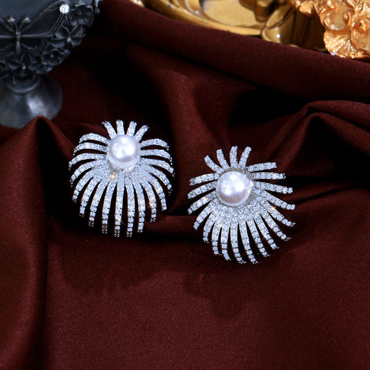 S925 silver filigree vintage sparkling fireworks pearl zirconia earrings - unique and versatile design with micro-set full diamond ear studs