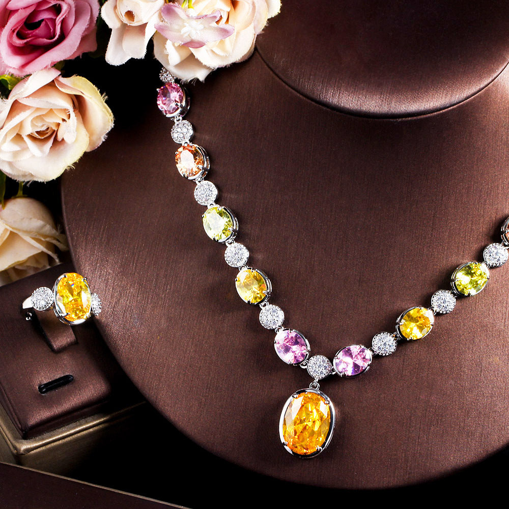 European and American ultra-fantastic retro-style colored zirconia necklace earrings and chain set bridal jewelry set of two pieces