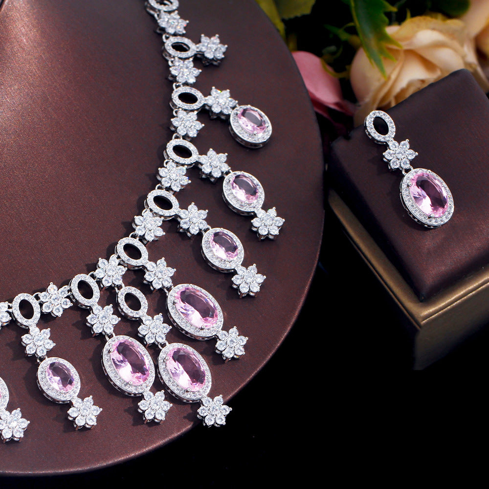 French-style wedding banquet diamond tassel earrings and necklace set - complete zirconia bridal wedding dress jewelry chain set