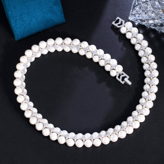 Korean fashionista double-layer freshwater pearl necklace - elegant and unique collar chain with pearl and zircon gemstones - women's necklace