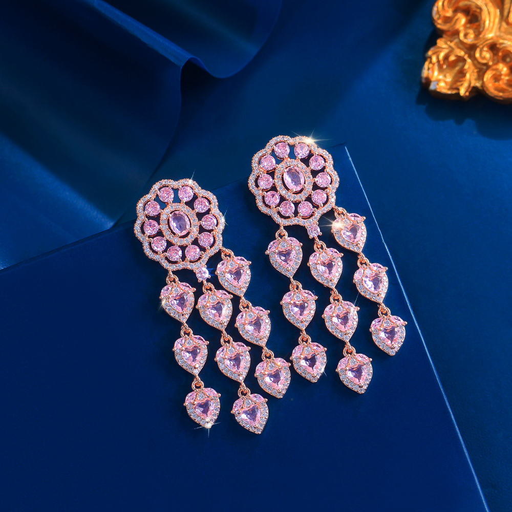 925 silver needle heavy industry hollowed-out heart-shaped pink zirconia earrings - luxurious drop-style earrings elegant and personalized a piece of exquisite jewelry