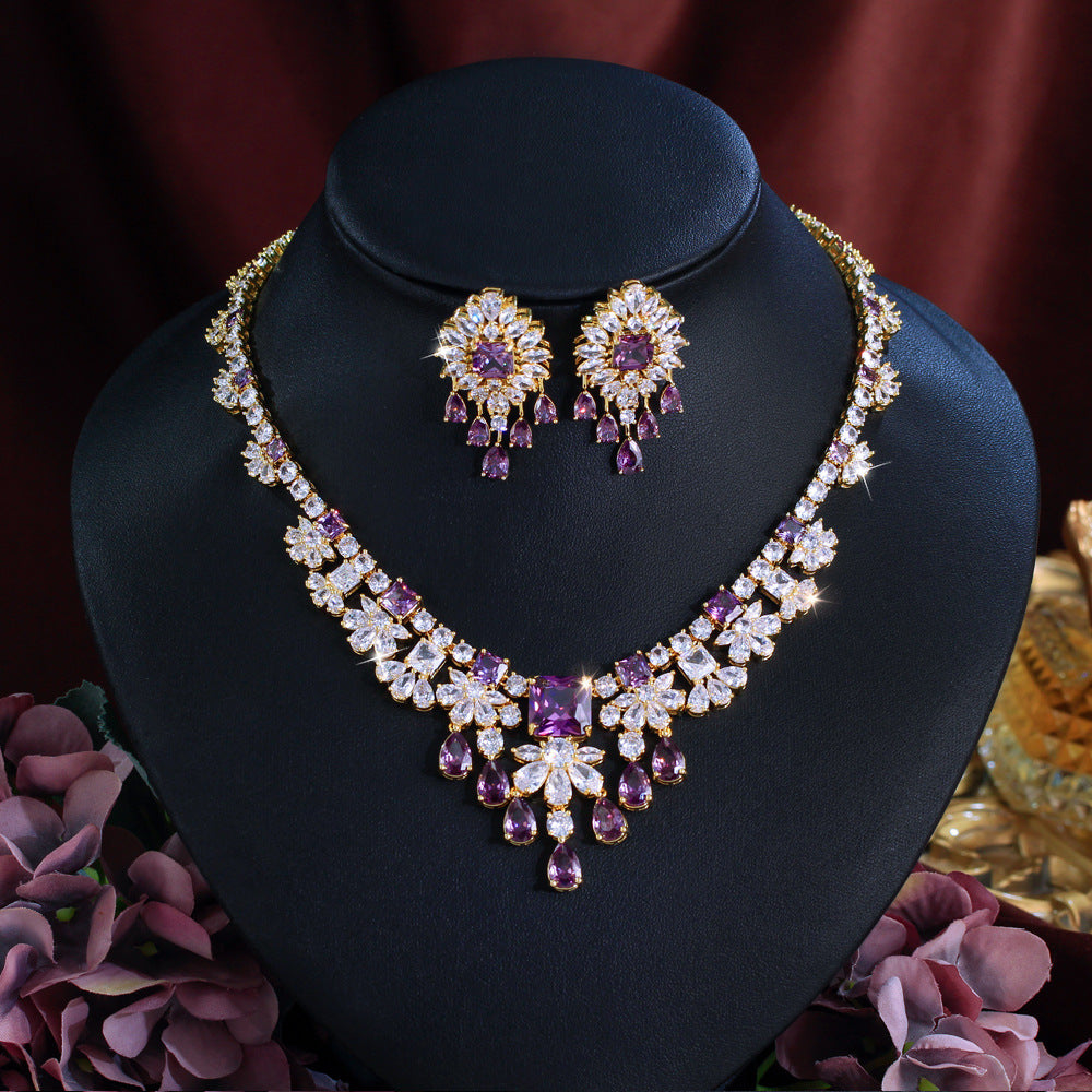 European-style bride jewelry - two-piece set of zirconia diamond-filled elegant necklace and earrings formal evening accessory set matching chain