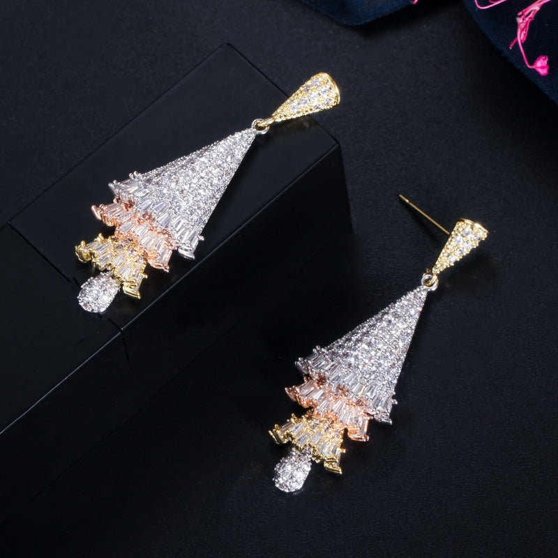 Guangzhou Popular Accessories - European-style Micro-Inset Zirconia Three-Color Crafted Three-Dimensional Skirt Earrings Christmas Tree Earrings Manufacturer