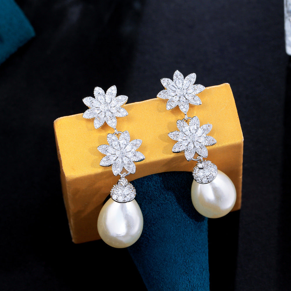 S925 silver filigree earrings with European style, luxurious and elegant, featuring delicate flower and pearl designs with tiny inlaid zirconia stones Suitable for high-class ladies Ear jewelry