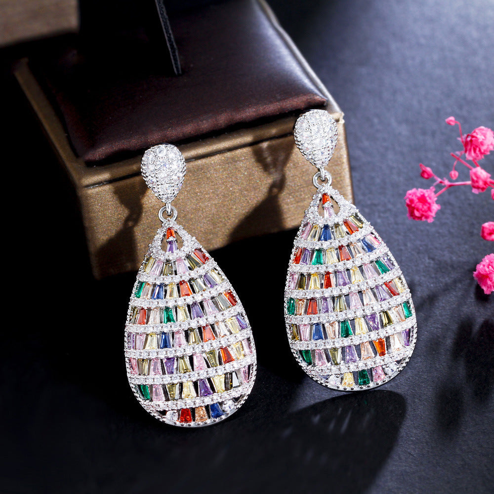 Fashion Heavyweight Elegant Colorful Gemstone Three-Dimensional Earrings Slimming Effect Slightly Set-in Zirconia Hollow Ear Accessories
