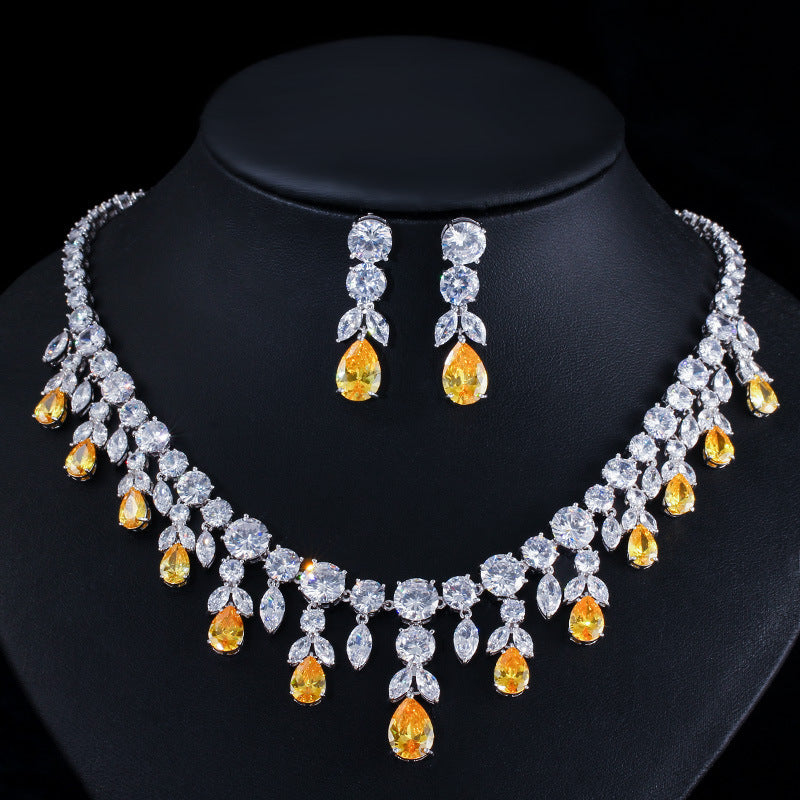 European and American fashion necklace and earring set - Zirconium stone chain for brides wedding gowns cocktail dresses formal evening wear accessories gifts