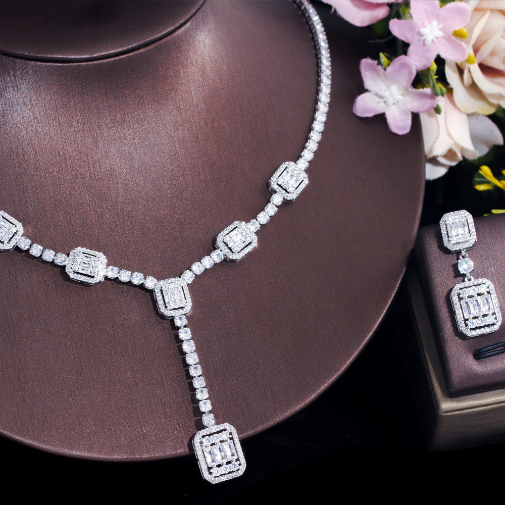 European and American bride jewelry set - dazzling zircon wedding necklace earrings two-piece chain evening gown dress wedding accessory set
