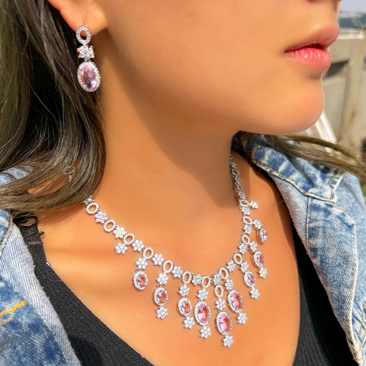 Diamond chandelier earrings and necklace set for wedding banquet - complete with zirconia - bridal wedding dress jewelry set with chain