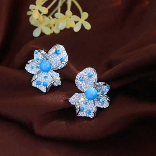 Court-style minimalist luxury full of zircon flowers and blue turquoise S925 silver needle-shaped earrings and earings elegant and grand jewelry style ear accessories