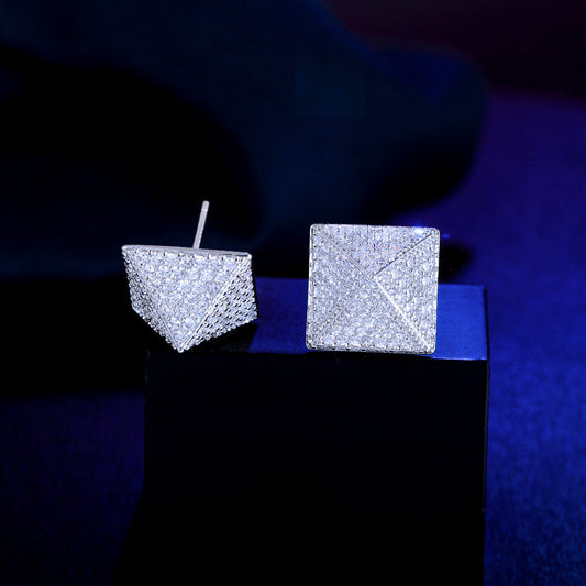 S925 silver needle small-scale design micro-set full-diamond pyramid earrings star-shaped square zirconia ear accessories