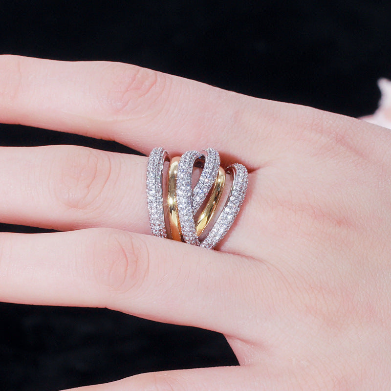 European and American style micro-set diamond ring with double-color electroplating finger ring