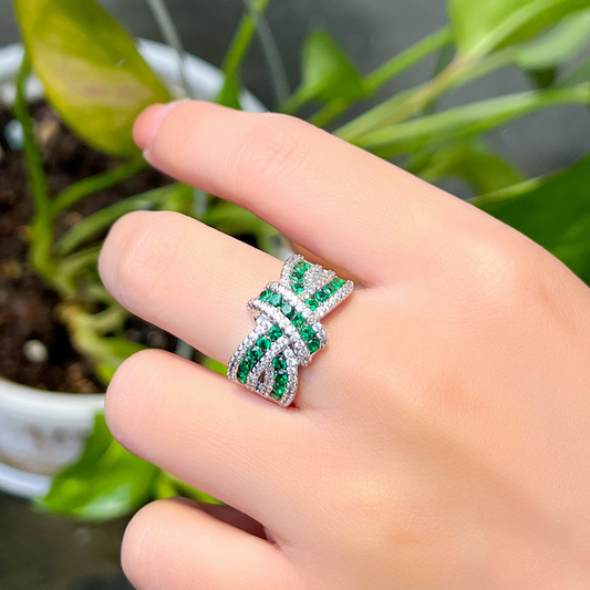 Luxury chic sparkling three-dimensional bow set with diamonds open ring irregular strip-shaped crossed zirconium ring finger ring