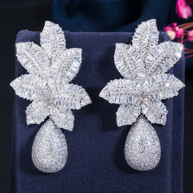 S925 silver needle European-style atmospheric trapezoid zirconium tri-color electroplated earrings tropical pineapple large earrings