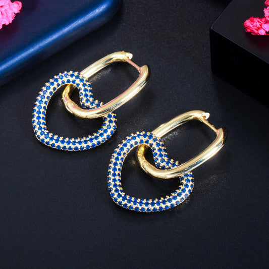 New style personalized double-ring heart-shaped earrings with embedded colorful zircons, trendy hip-hop style earrings