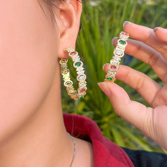 French-style INSYL luxury retro multi-colored pave-diamond ear cuffs minimalist style rainbow zirconia ear studs hip-hop style earrings jewelry set