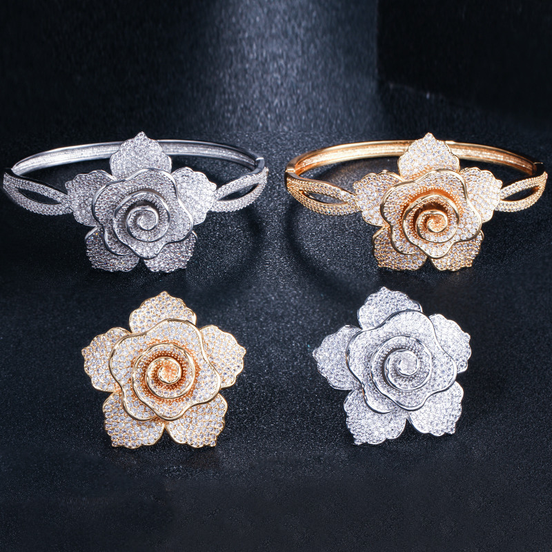 European and American fashion-inspired rose flower hand chain and ring set with full-set of zirconia jewelry