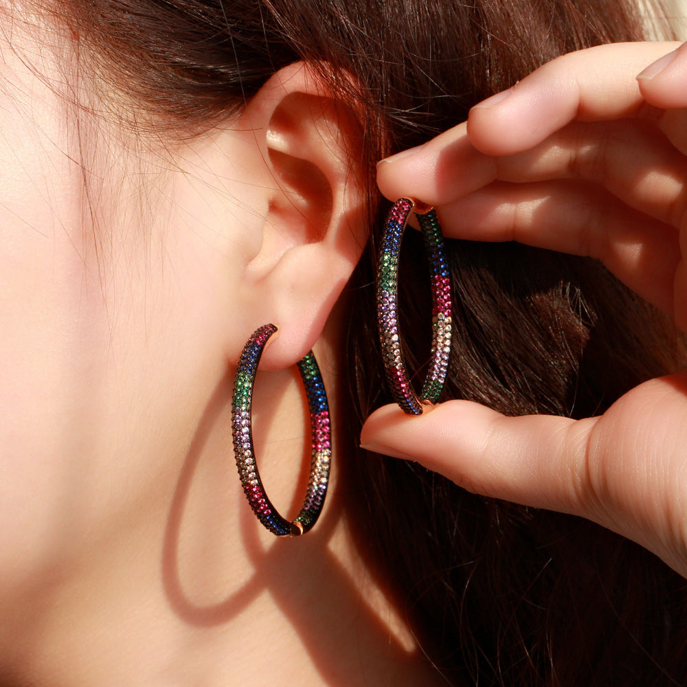 European and American popular jewelry - micro-set colored zirconia large earrings with gold and black gold electroplated ear stems, elegant earrings