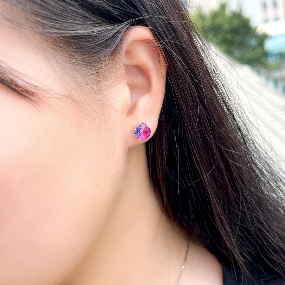 European and American cross-border luxury classic four-prong small stud earrings with round gradient tourmaline stone 8MM fashionable earrings
