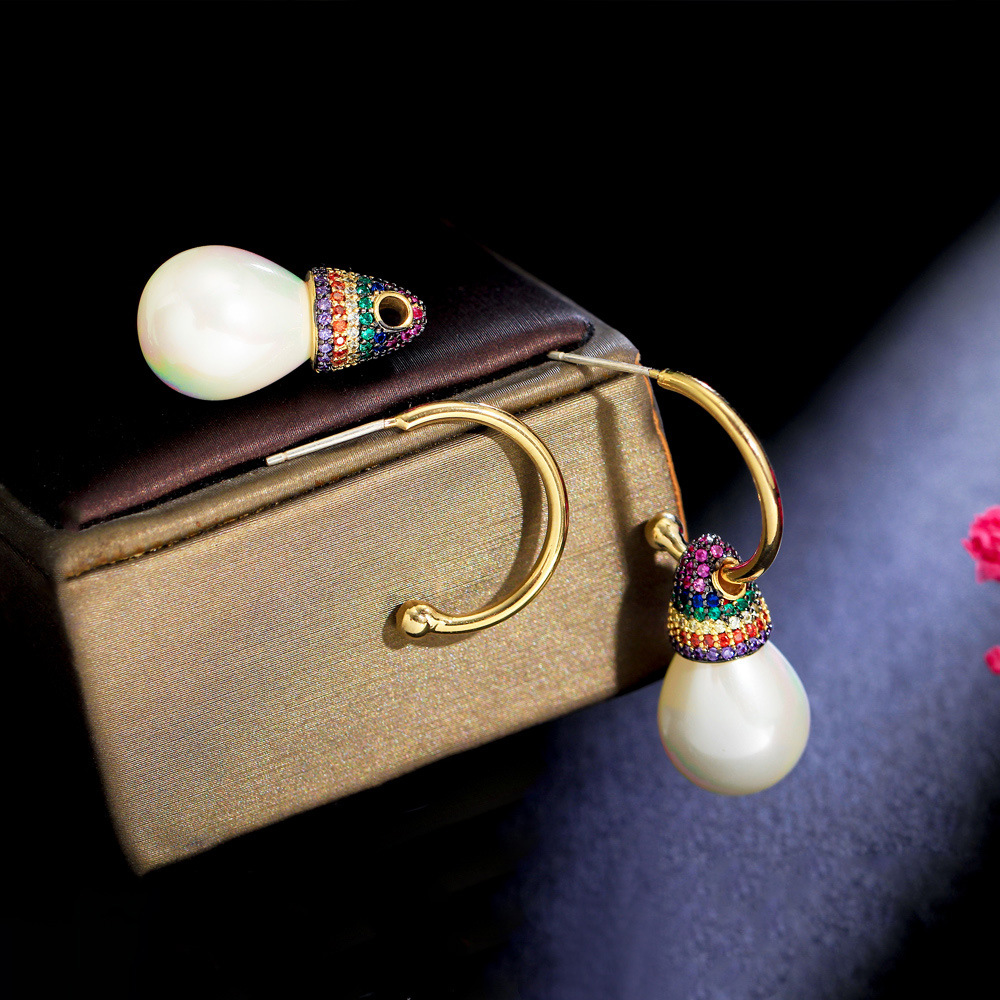 S925 silver jewelry trendy online celebrity rainbow earrings in retro court style with heavy-colored zirconia small skirt-shaped earrings with ear hooks