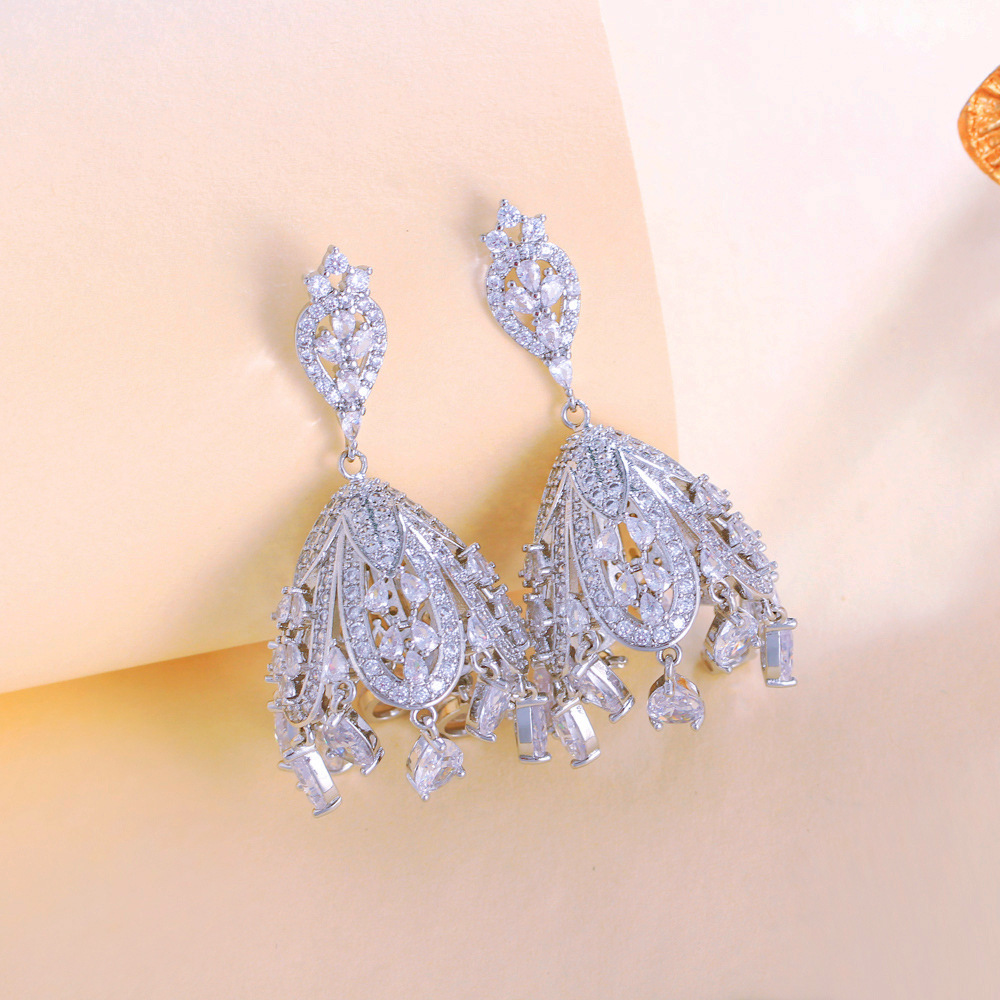 S925 silver filigree light luxury imperial style full-zircon hollow earpiece earrings with Chinese style water-drop pendant and zircon ear studs