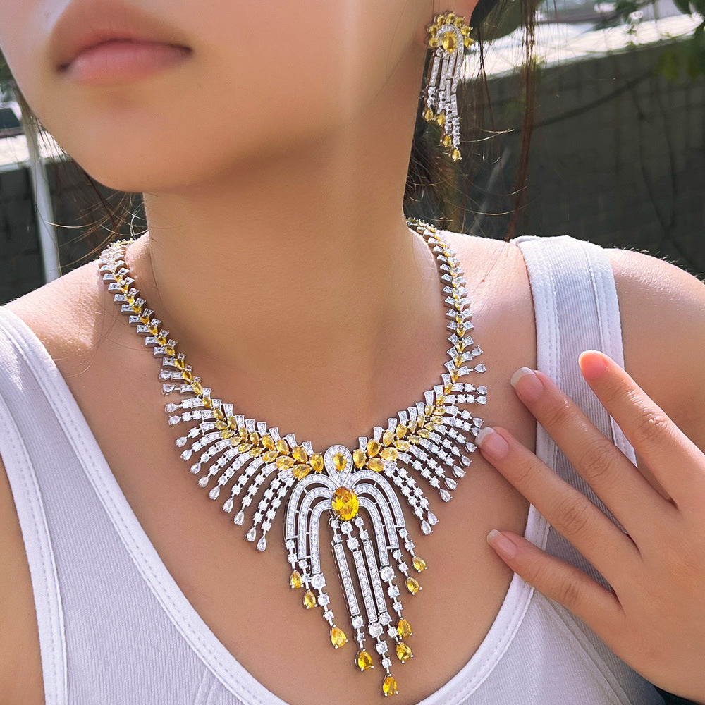 Heavy Industry Ultra-Shine High-End Luxurious Fringe Zircon Necklace Set for Evening Gown Bridal Accessories Bracelet Earrings