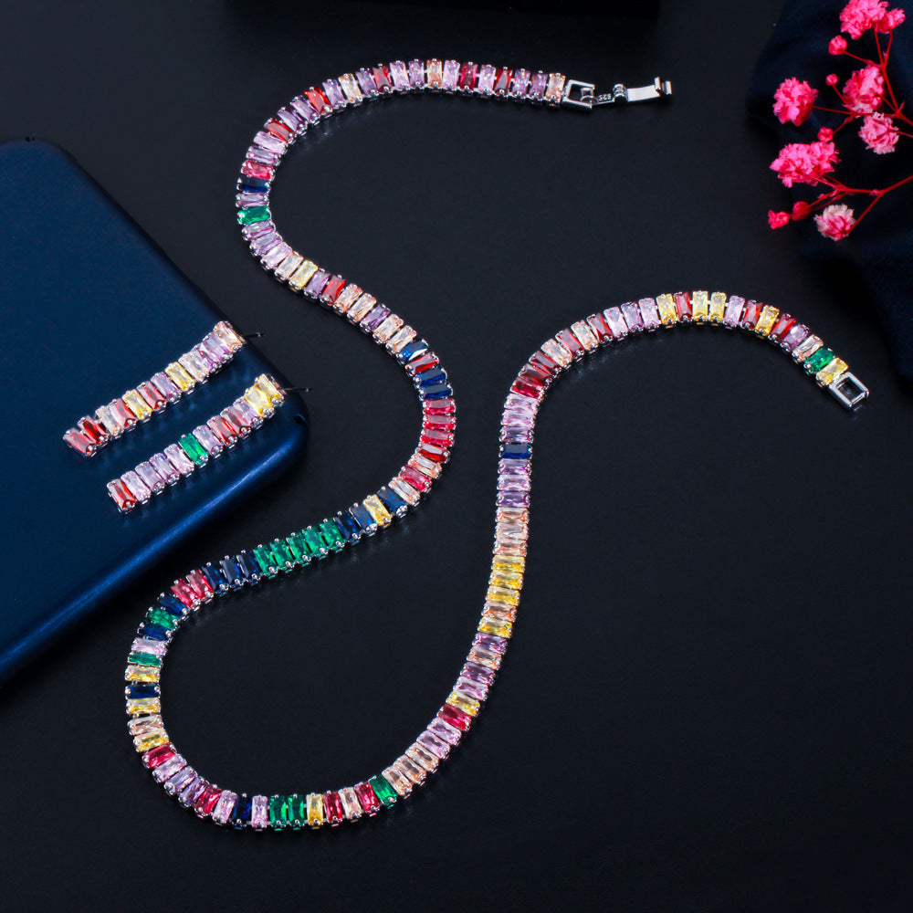 European and American full-cut diamond simple rainbow-colored zircon necklace fashionable evening party necklace earrings set