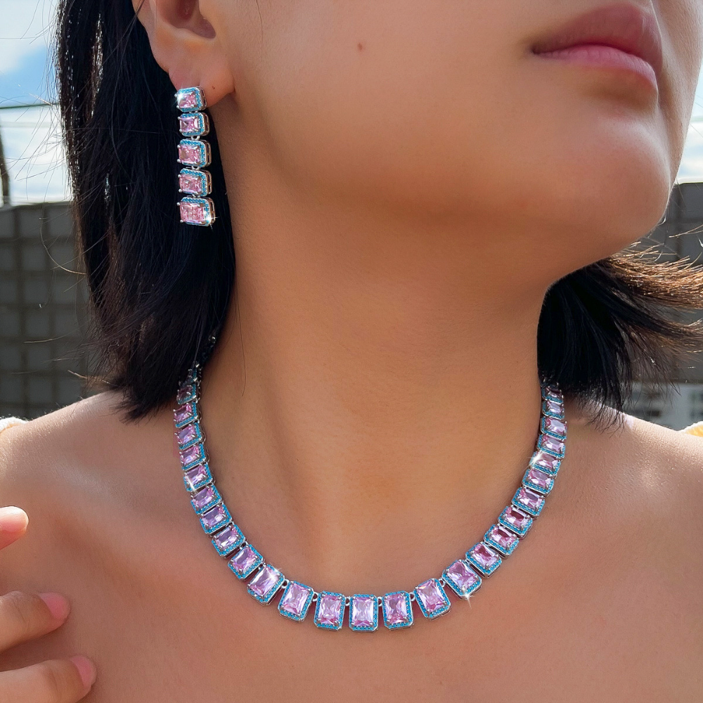 French-style luxurious jewelry necklace earrings set - Pink zirconia ultra-bright evening gown wedding dress bridal accessory chain set