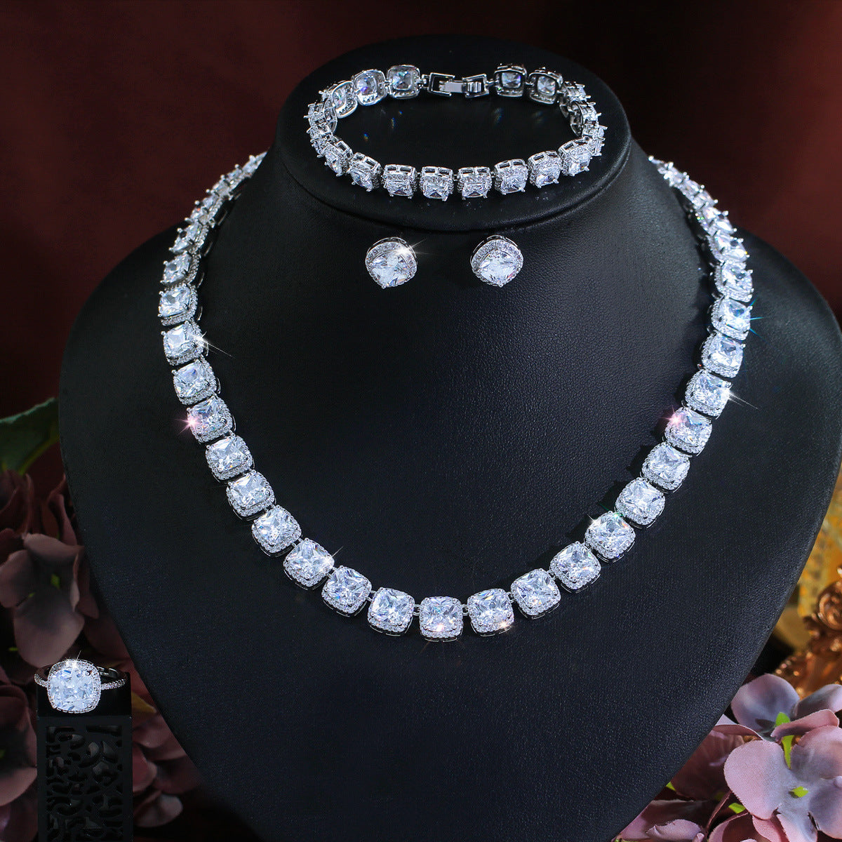 Jewelry set: Dopamine geometric cube zirconia necklace earrings bracelet ring - a set of four pieces Chain for evening dress accessories
