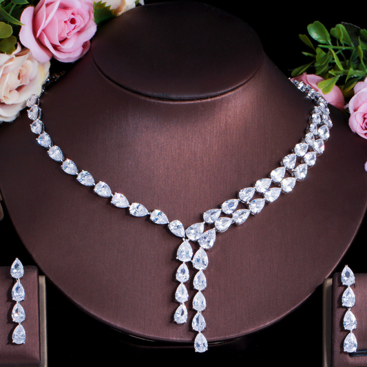 Marriage wedding dress formal wear accessory set simple two-color patchwork drop-shaped zirconia jewelry necklace earrings bracelet for women