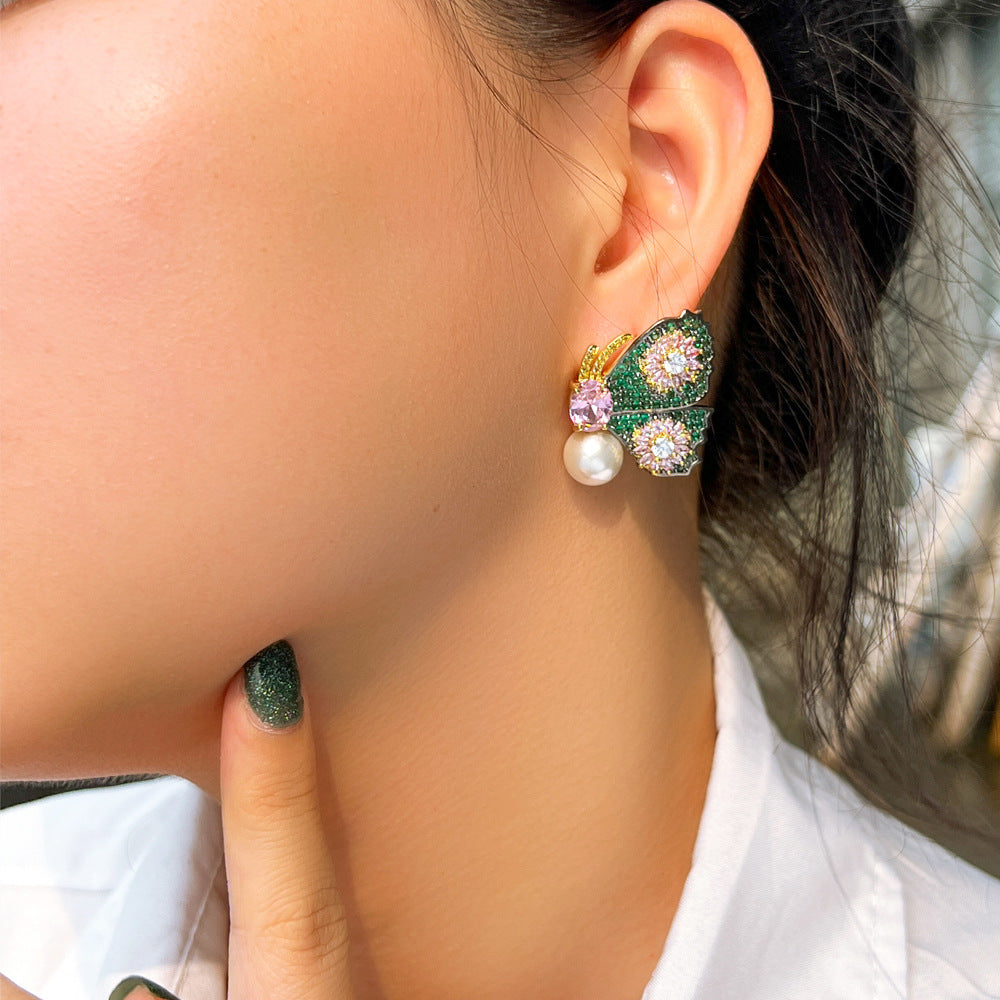 Dazzling fashionable luxurious full of diamonds colorful butterfly pearl earrings with micro-set zircon stones gold-plated copper ear jewelry ear pendants
