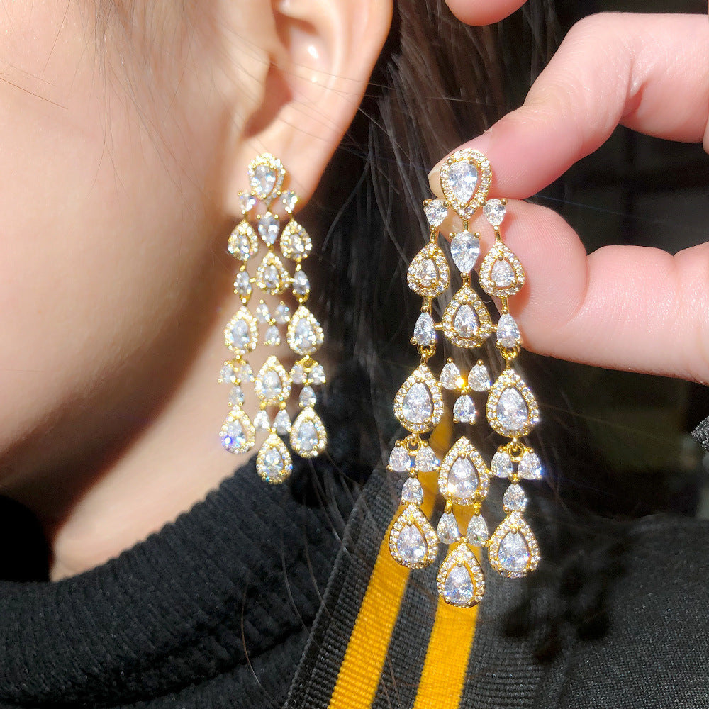 European and American fashion-style fringed earrings banquet-length elegant copper micro-set zirconia earrings accessory for clothing and decoration