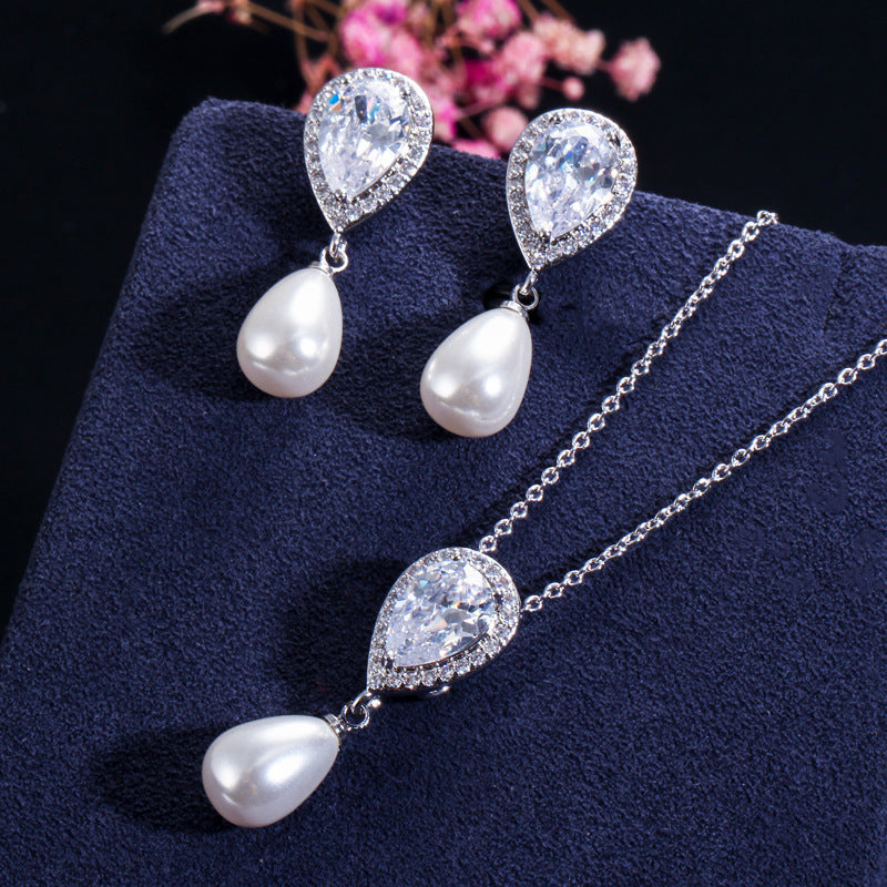 Japanese and Korean light and elegant artistic jewelry set Two-piece set of zircon water-drop pearl pendant earrings