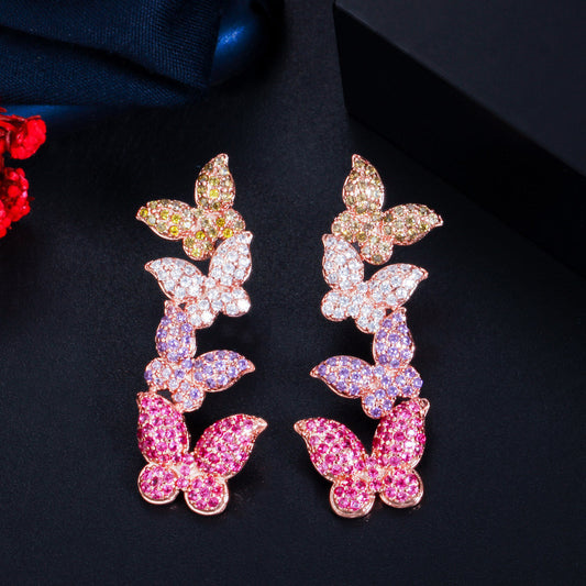 S925 silver needle rose gold butterfly zirconia earrings - Korean version versatile and fashionable ear accessories