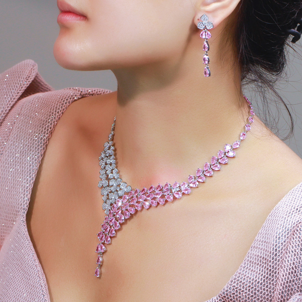 Design-inspired princess pink full-diamond flower necklace and earrings set court-style zircon bracelet evening gown accessories set