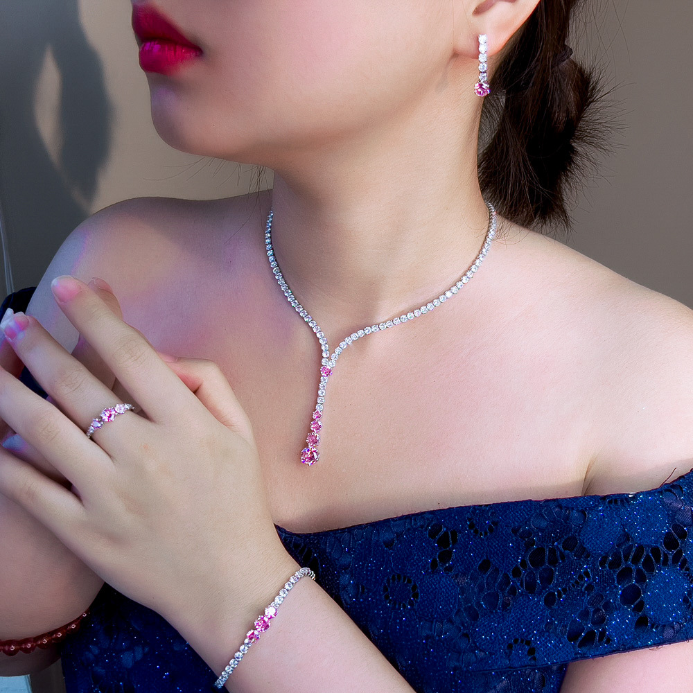 French-style minimalist luxury high-end princess pink zircon necklace, earrings bracelet and ring set - formal evening dress chain set