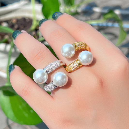 Korean version of minimalist and niche-style simple double-pearl open ring with micro-set zirconia popular on live-streaming versatile accessory for all occasions
