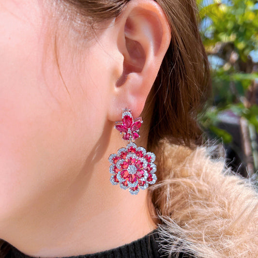 S925 silver needle luxury niche design double-layer flower-shaped synthetic red corundum earrings stylish and elegant zircon earrings