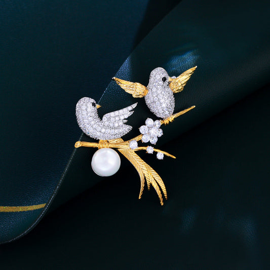 Korean version of luxury light-style double auspicious crows goldfinch gold-plated designer lady's style corsage for formal dress accessories pin and brooch